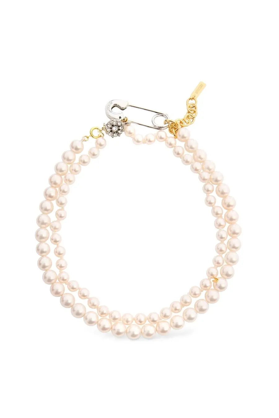Moschino women’s white pearl necklace with delicate double-strand pearls and silver safety pin clasp with crystals