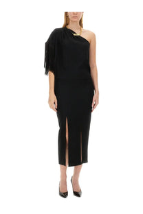 Moschino women’s black one piece top dress with one shoulder fringe sleeve and front slit detail
