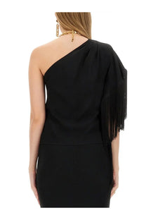Moschino women’s black one shoulder top with flowing fabric and fringe detailing for stylish occasions