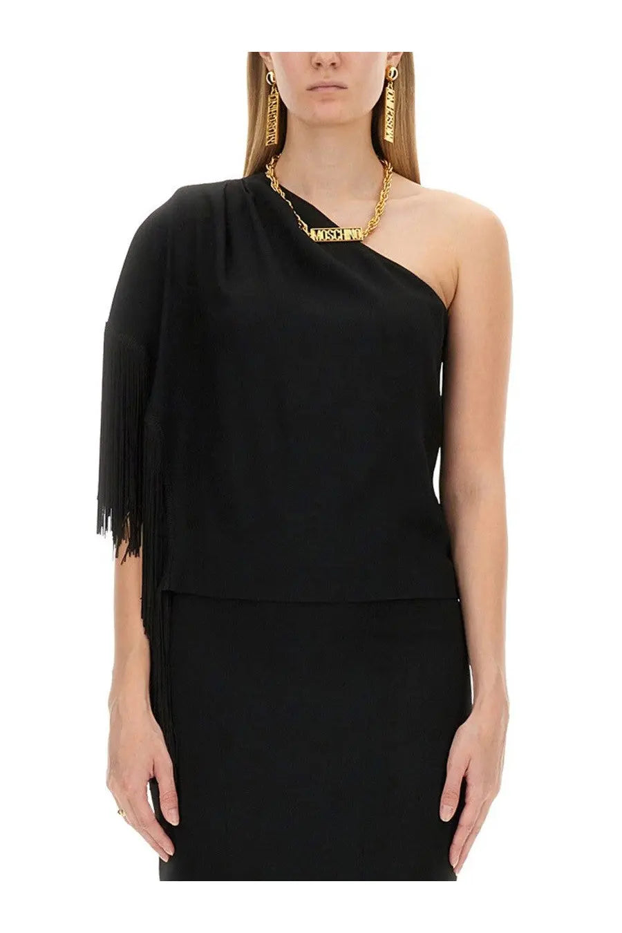 Moschino women’s black one shoulder top with fringe detailing made from soft fabric for stylish wear