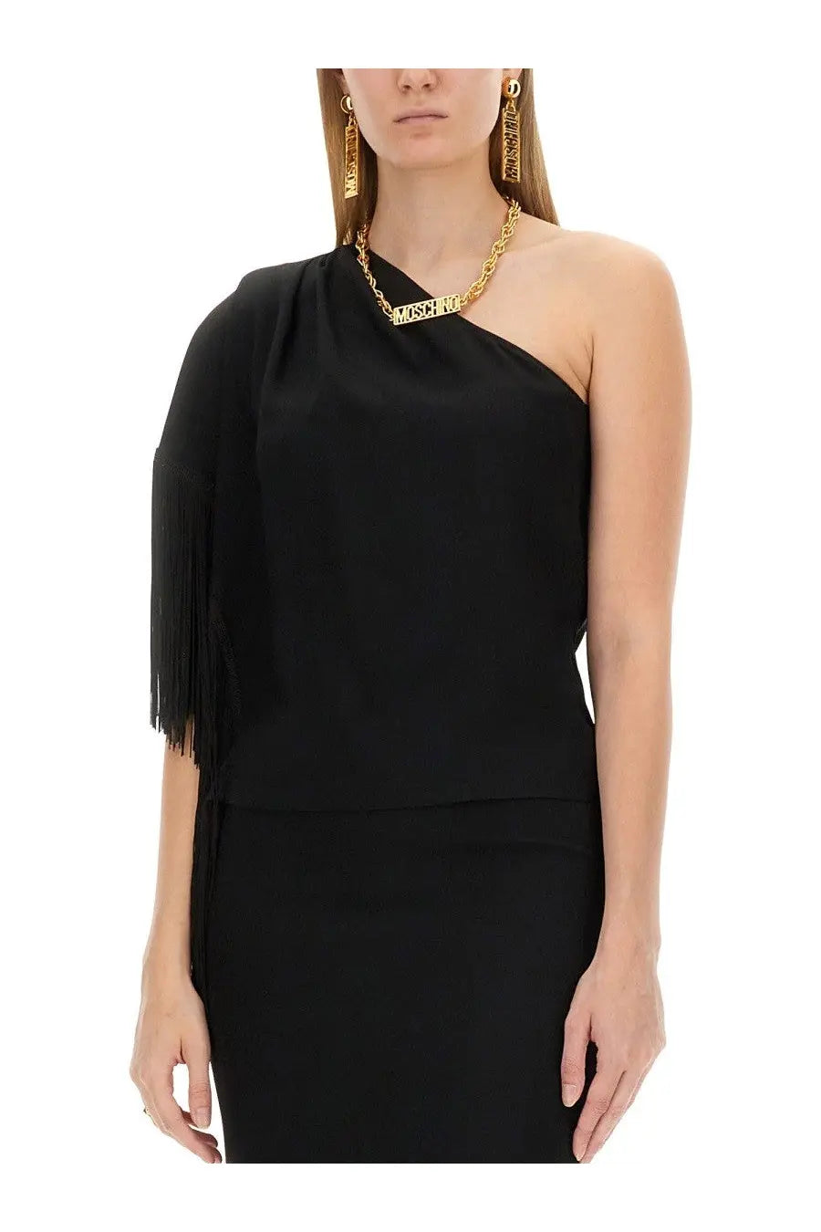 Moschino women’s black one shoulder top with fringe detailing on the sleeve in a stylish one piece design