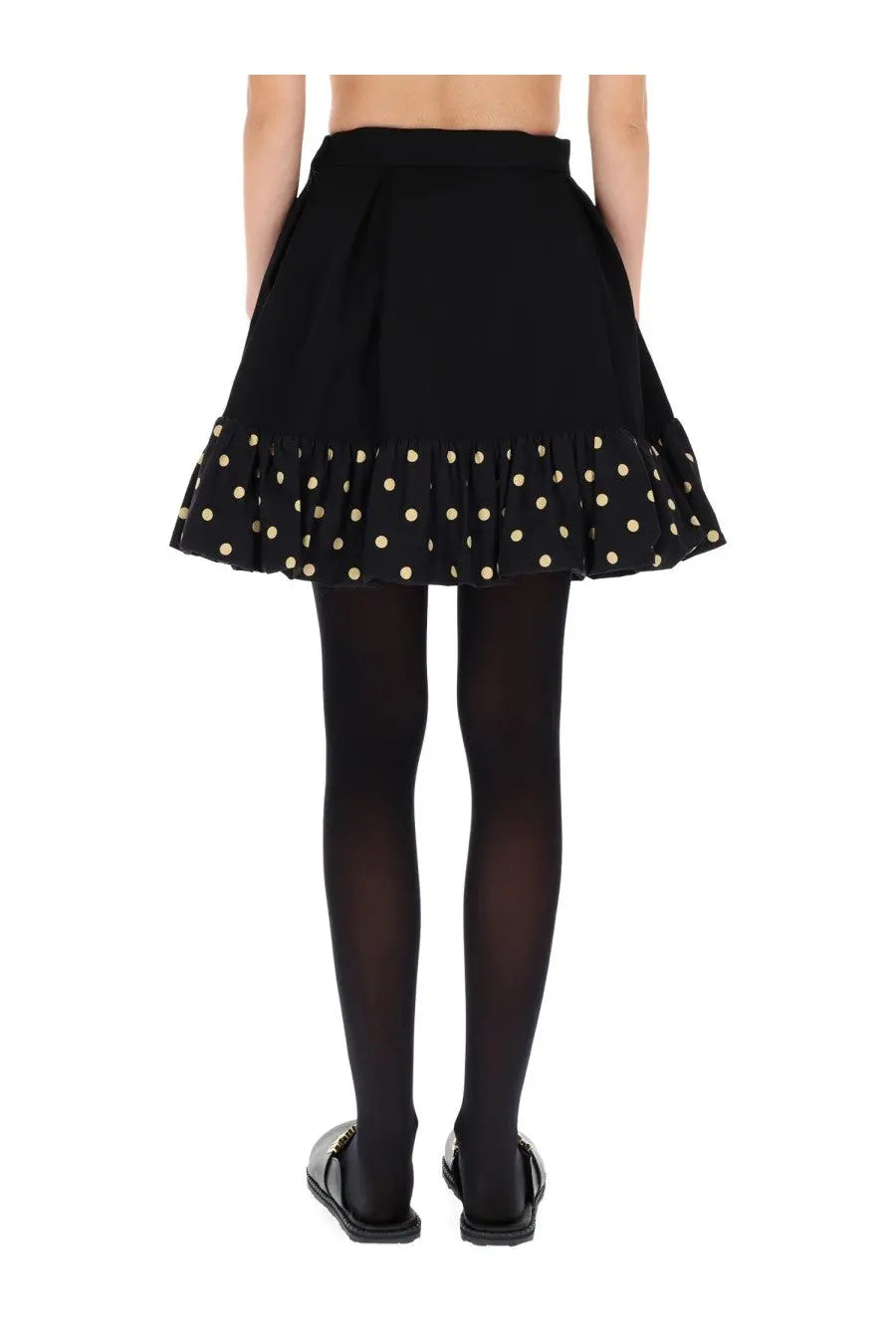 Moschino women’s black mini skirt with gold polka dots flared hem and delicate ruffles
