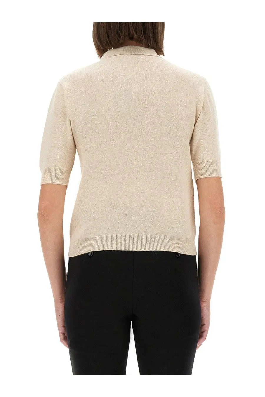 Beige short-sleeved knit polo shirt with collar and ribbed cuffs by Moschino for women
