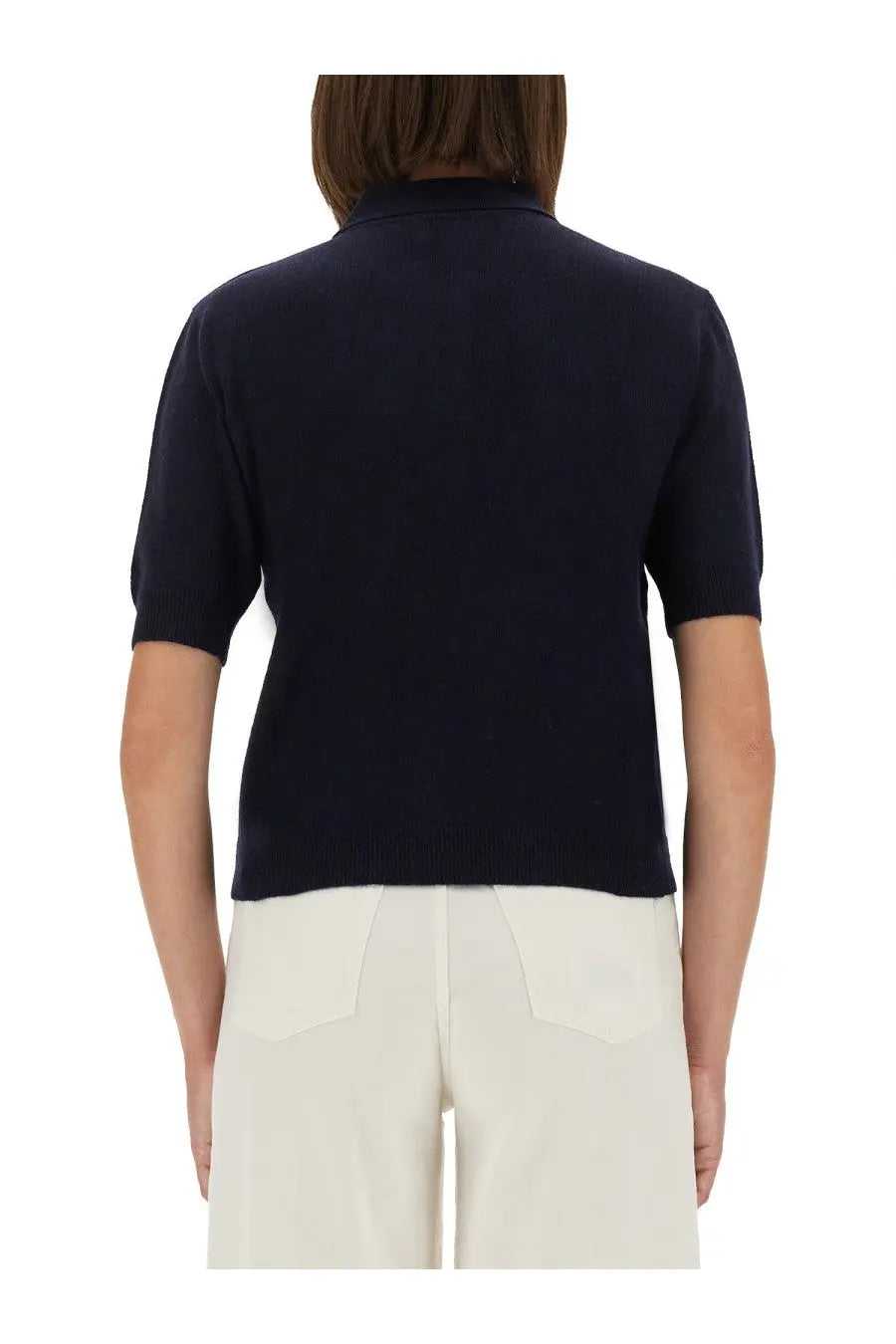 Navy blue short-sleeved knit polo shirt by Moschino for women perfect for casual and smart casual wear