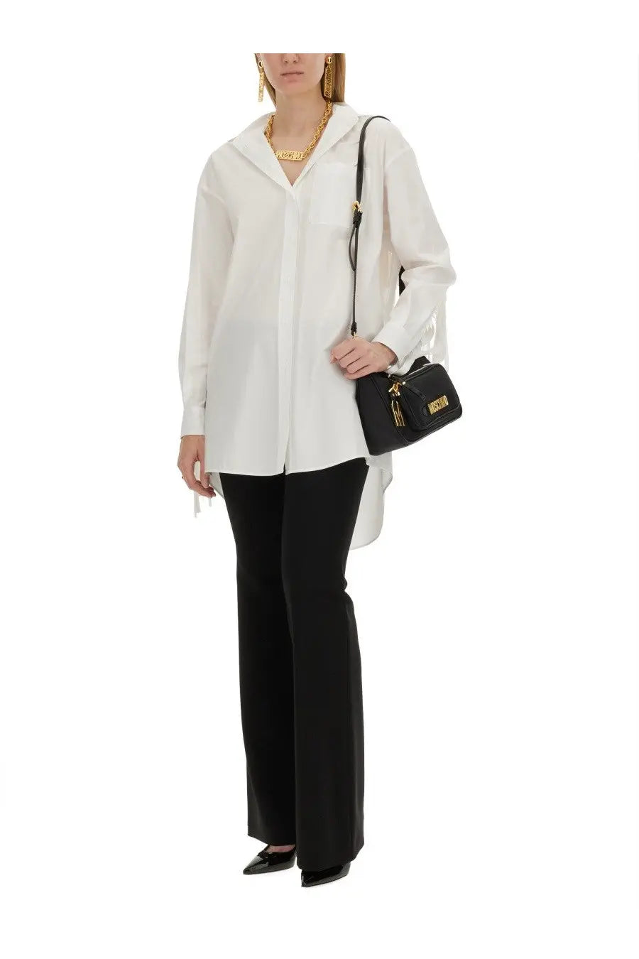 Black leather crossbody bag with gold-tone hardware and prominent moschino logo in moschino women’s poplin shirt white