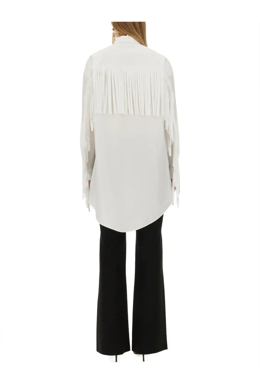 White fringed Moschino women’s poplin shirt with high collar and long sleeves in white color