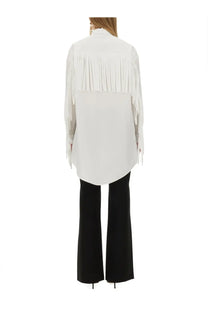 White fringed Moschino women’s poplin shirt with high collar and long sleeves in white color