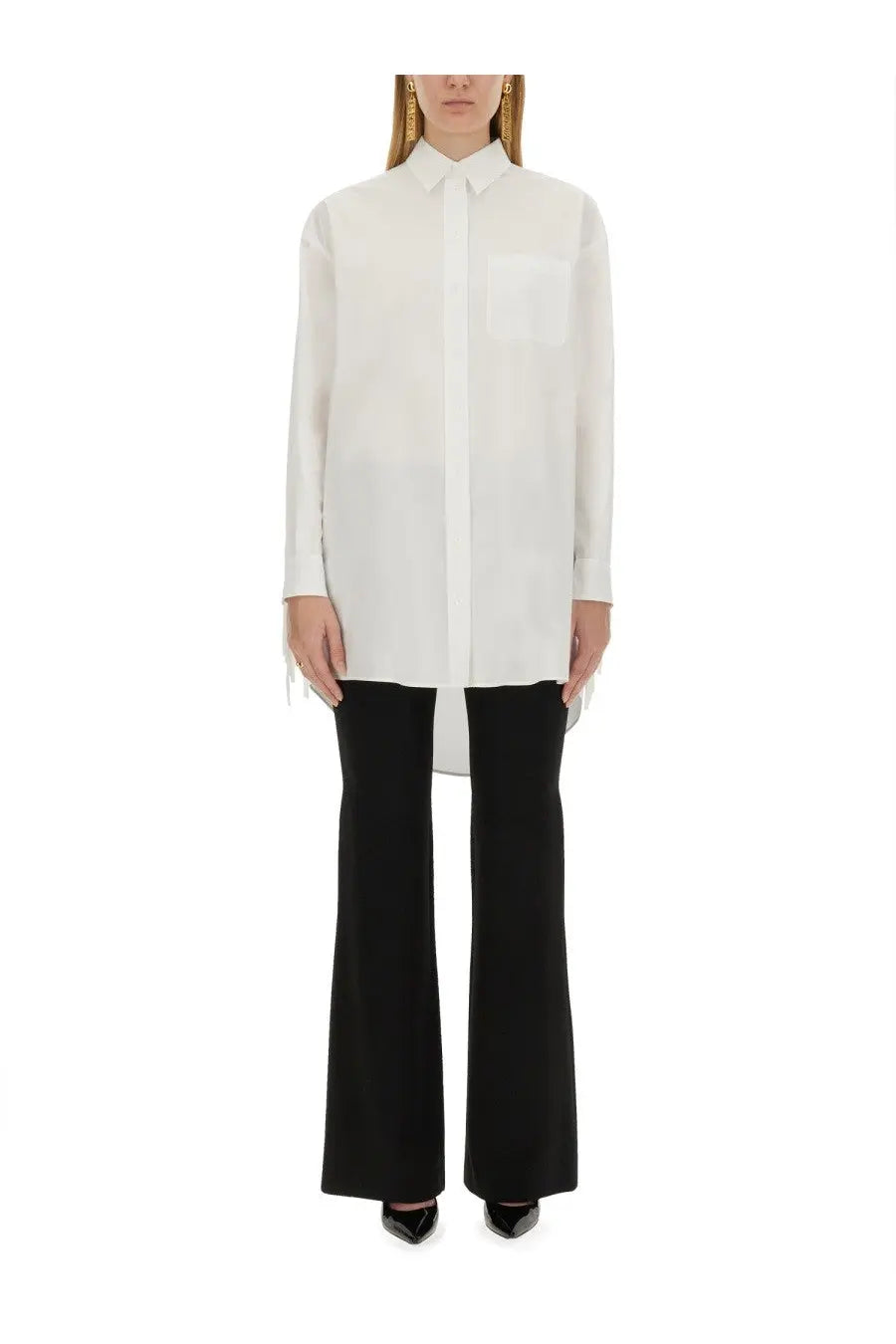 Moschino women’s white poplin shirt with long sleeves single chest pocket and subtle frayed hem front view