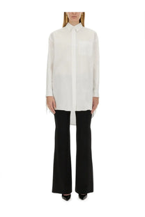 Moschino women’s white poplin shirt with long sleeves single chest pocket and subtle frayed hem front view