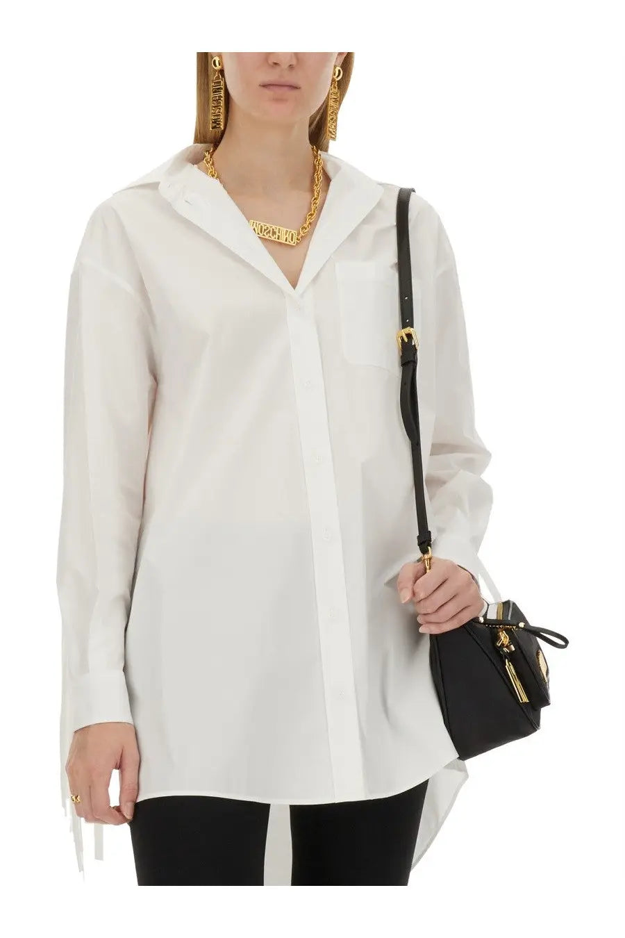 Moschino women’s white poplin oversized button-up shirt with relaxed fit and subtle side slits front view