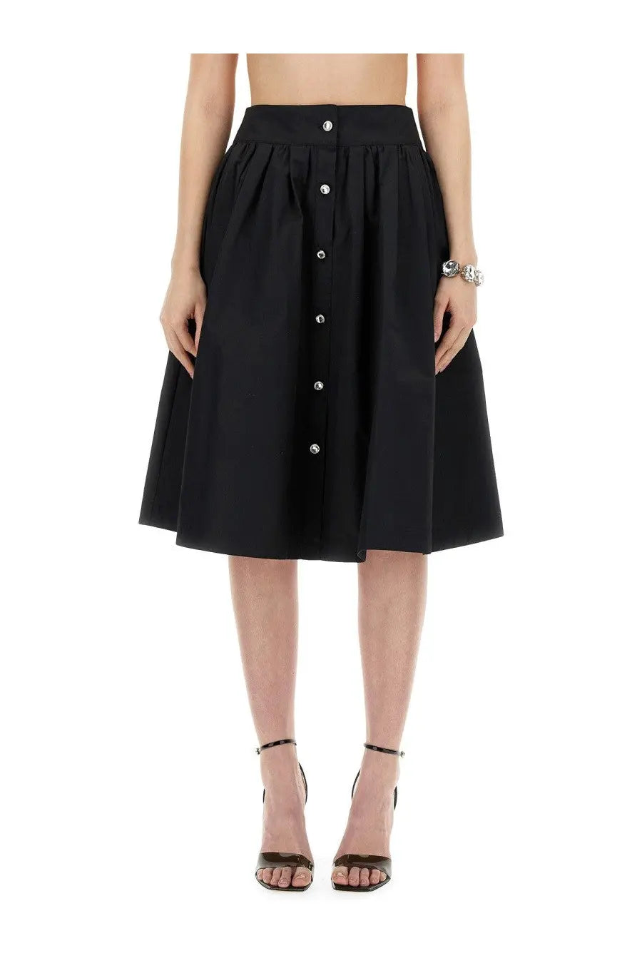 Moschino women’s black poplin midi skirt with high waist button front and pleated design for stylish wear