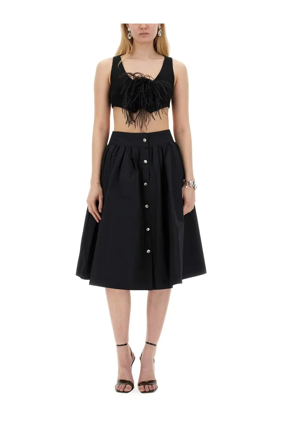 Moschino women’s black poplin skirt set featuring a button-front skirt and black feathered crop top