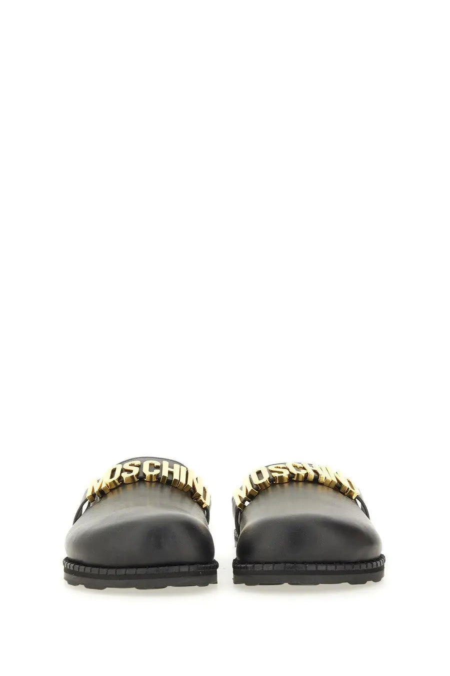 Moschino women’s sabot black leather slide sandals with bold gold-tone moschino lettering strap