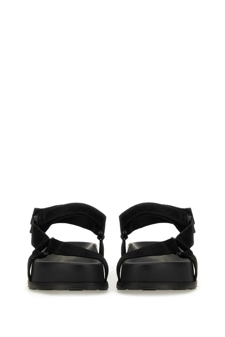 Moschino women’s sandal black with black suede look straps and chunky rubber sole front view