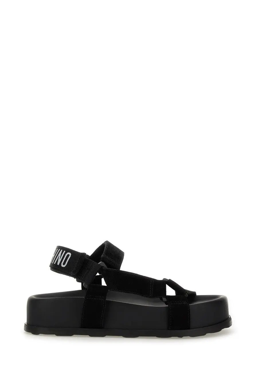 Moschino women’s black velvet platform sandal with bold chunky sole and adjustable straps featuring brand name