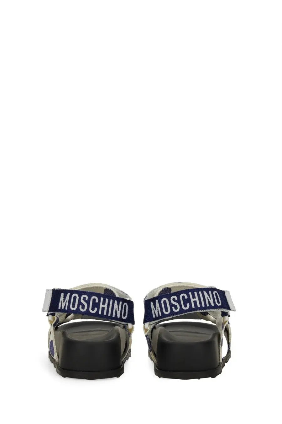 Moschino women’s sandal white with camouflage pattern and navy blue strap featuring white brand name lettering