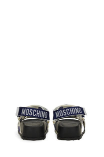 Moschino women’s sandal white with camouflage pattern and navy blue strap featuring white brand name lettering