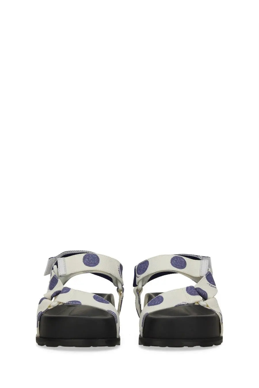 Moschino women’s white platform sandals with purple polka dots and adjustable straps for stylish wear