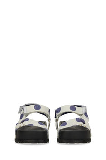 Moschino women’s white platform sandals with purple polka dots and adjustable straps for stylish wear