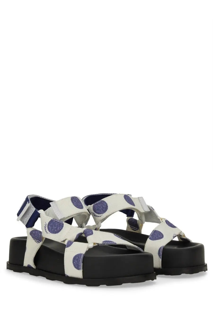 Moschino women’s white platform sandals with purple polka dots and black rubber soles front view