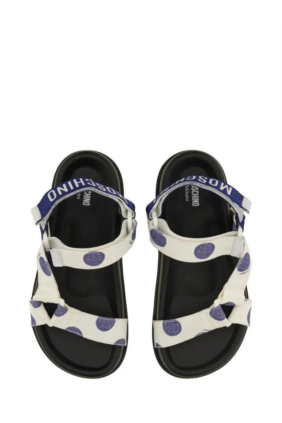 Moschino women’s white sandal with purple polka dots and blue strap featuring moschino logo