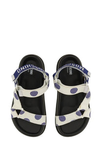 Moschino women’s white sandal with purple polka dots and blue strap featuring moschino logo