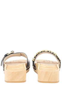 Moschino women’s black leather sandals with gold tone studs and wooden block heel for stylish wear