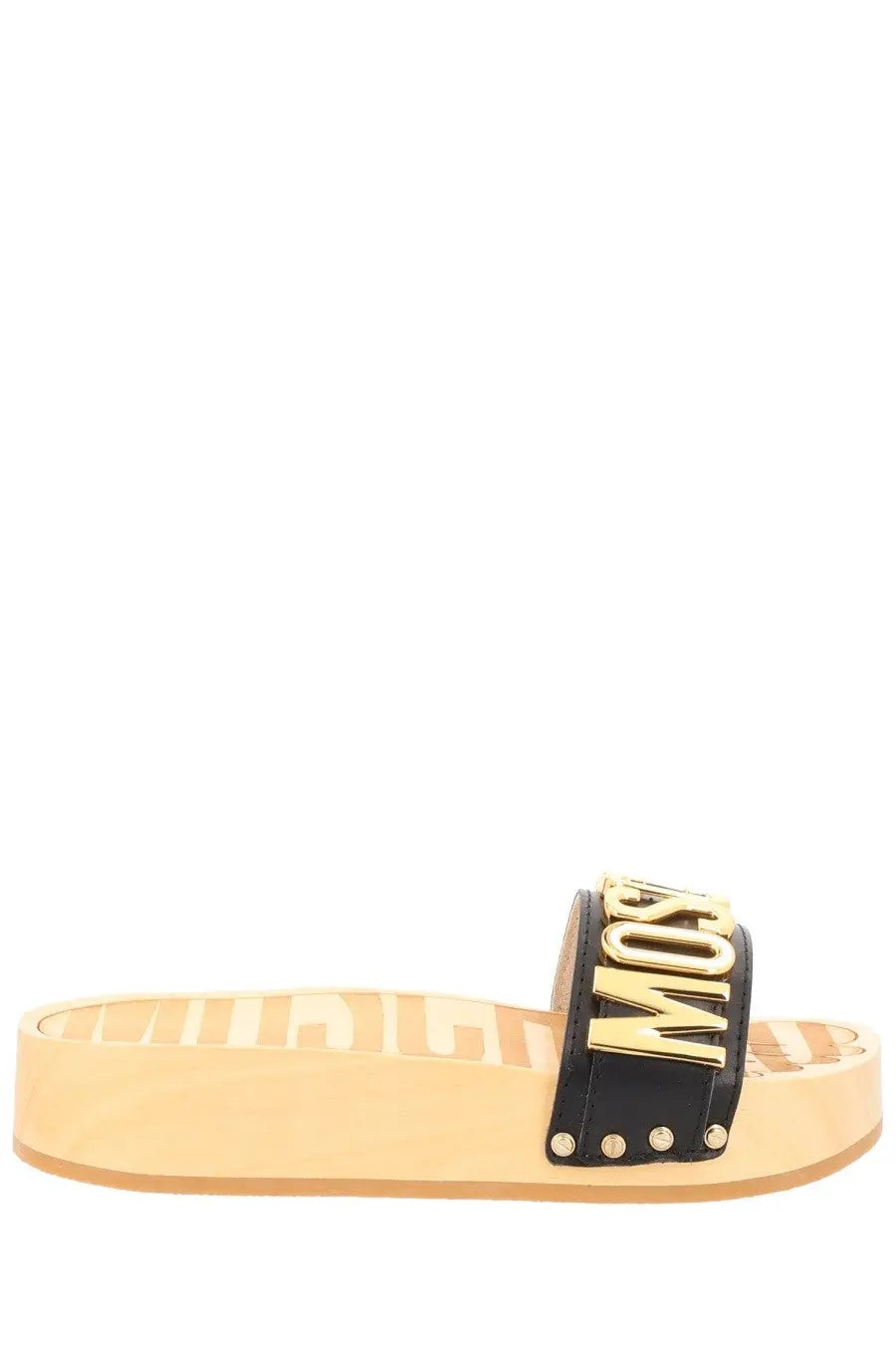 Moschino women’s black leather slide sandal with gold-tone lettering silver studs on strap and beige platform sole
