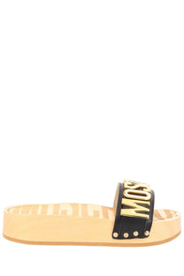 Moschino women’s black leather slide sandal with gold-tone lettering silver studs on strap and beige platform sole