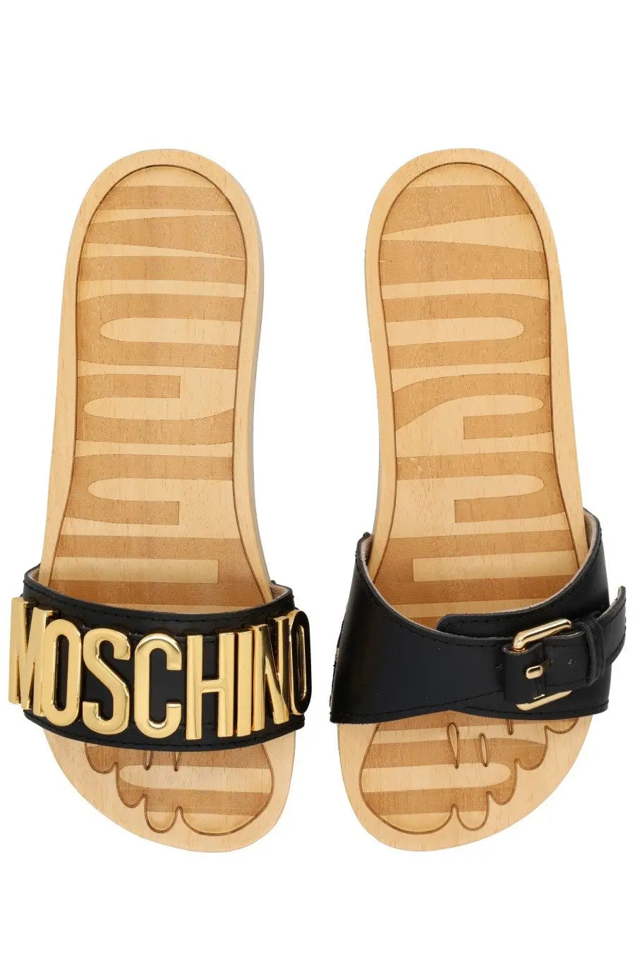 Moschino women’s black leather slide sandals with gold-tone logo strap and wooden soles