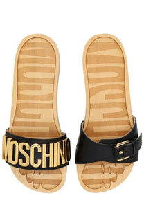 Moschino women’s black leather slide sandals with gold-tone logo strap and wooden soles