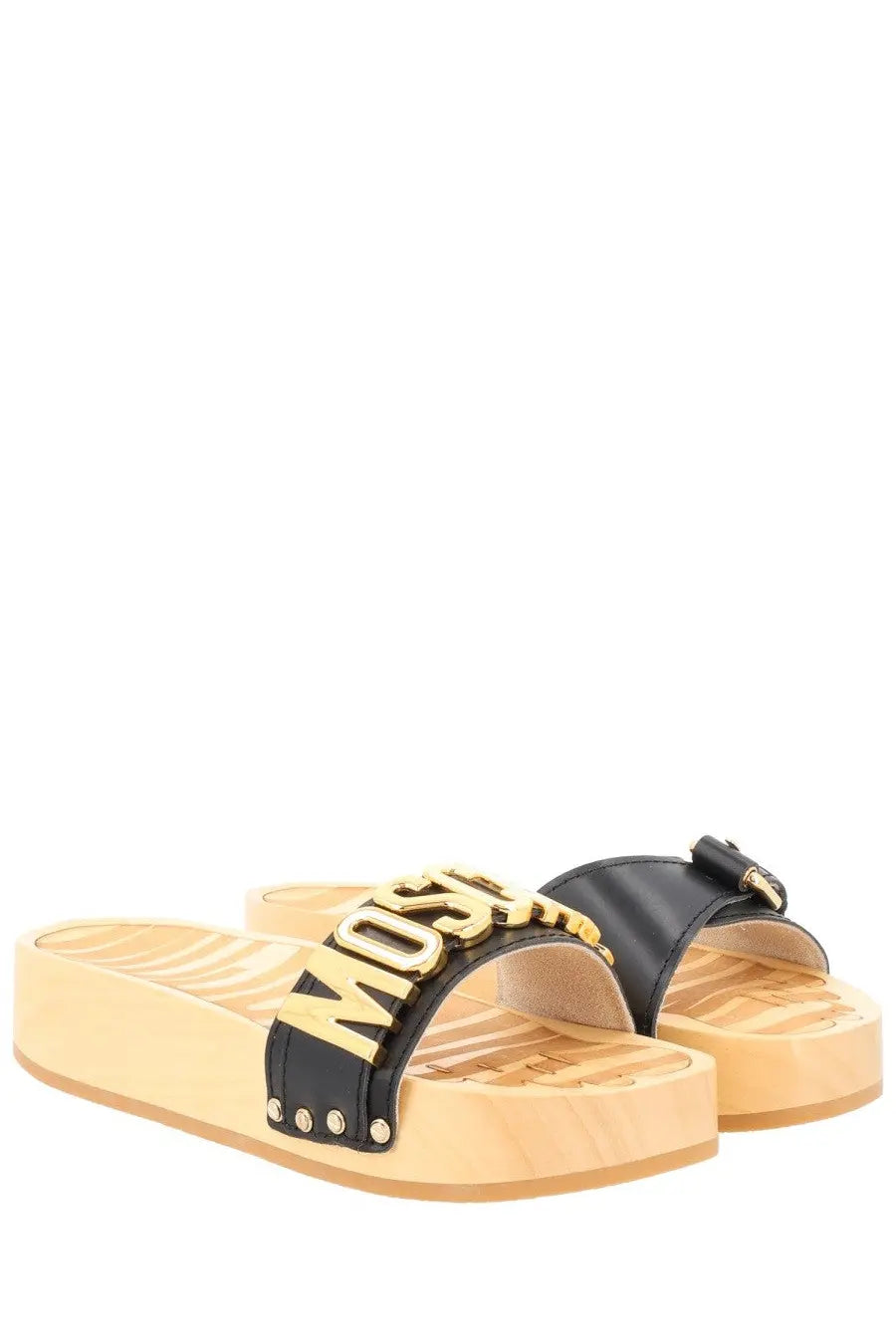 Moschino women’s black leather slide sandals with gold tone logo strap silver studs and light wood effect platform sole