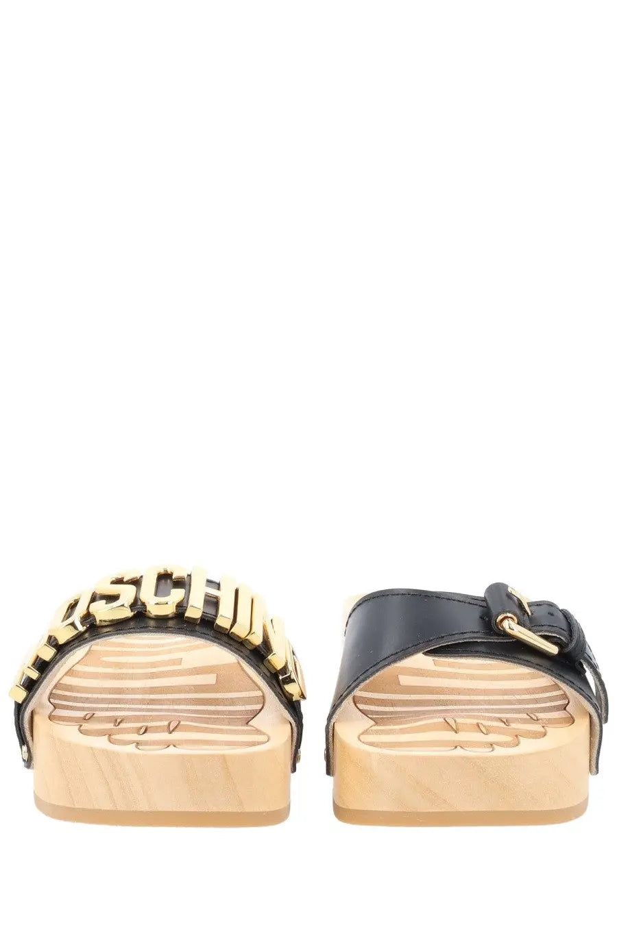 Moschino women’s sandalo con black leather strap sandals with gold tone logo and wooden platform soles
