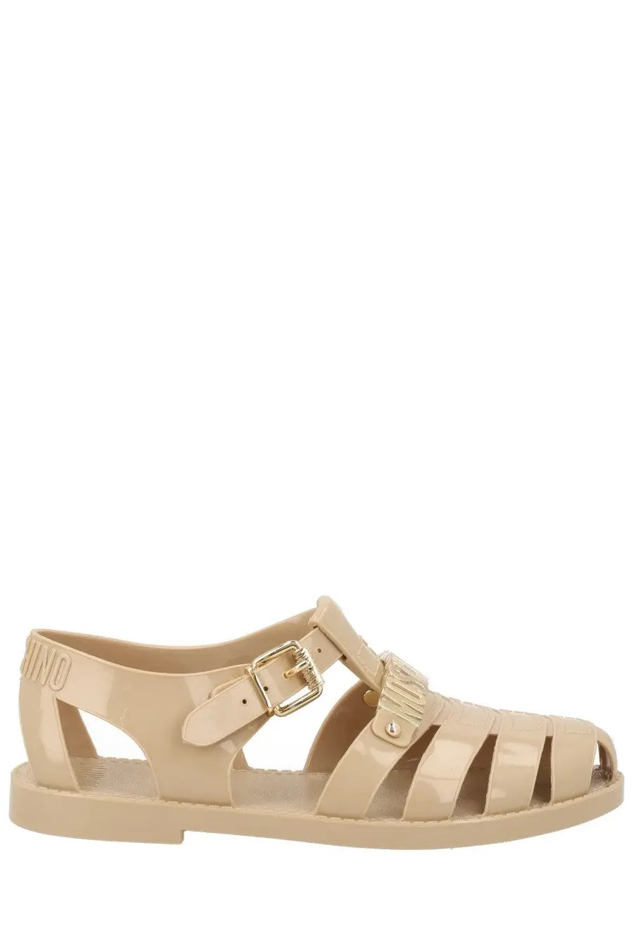 Beige translucent plastic t-strap sandals with gold-tone buckle from Moschino womens Sandalo Jelly collection