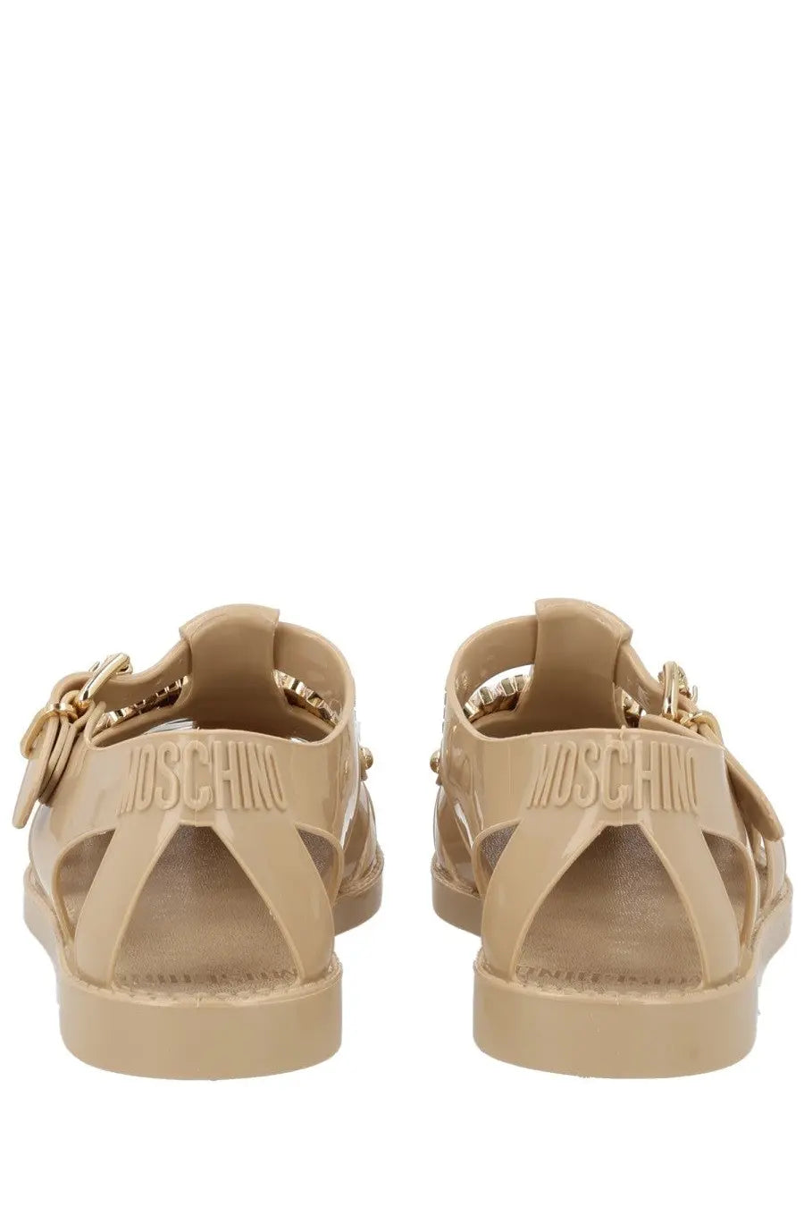 Beige translucent Moschino women’s Sandalo Jelly sandals with gold-tone chain detailing and embossed branding