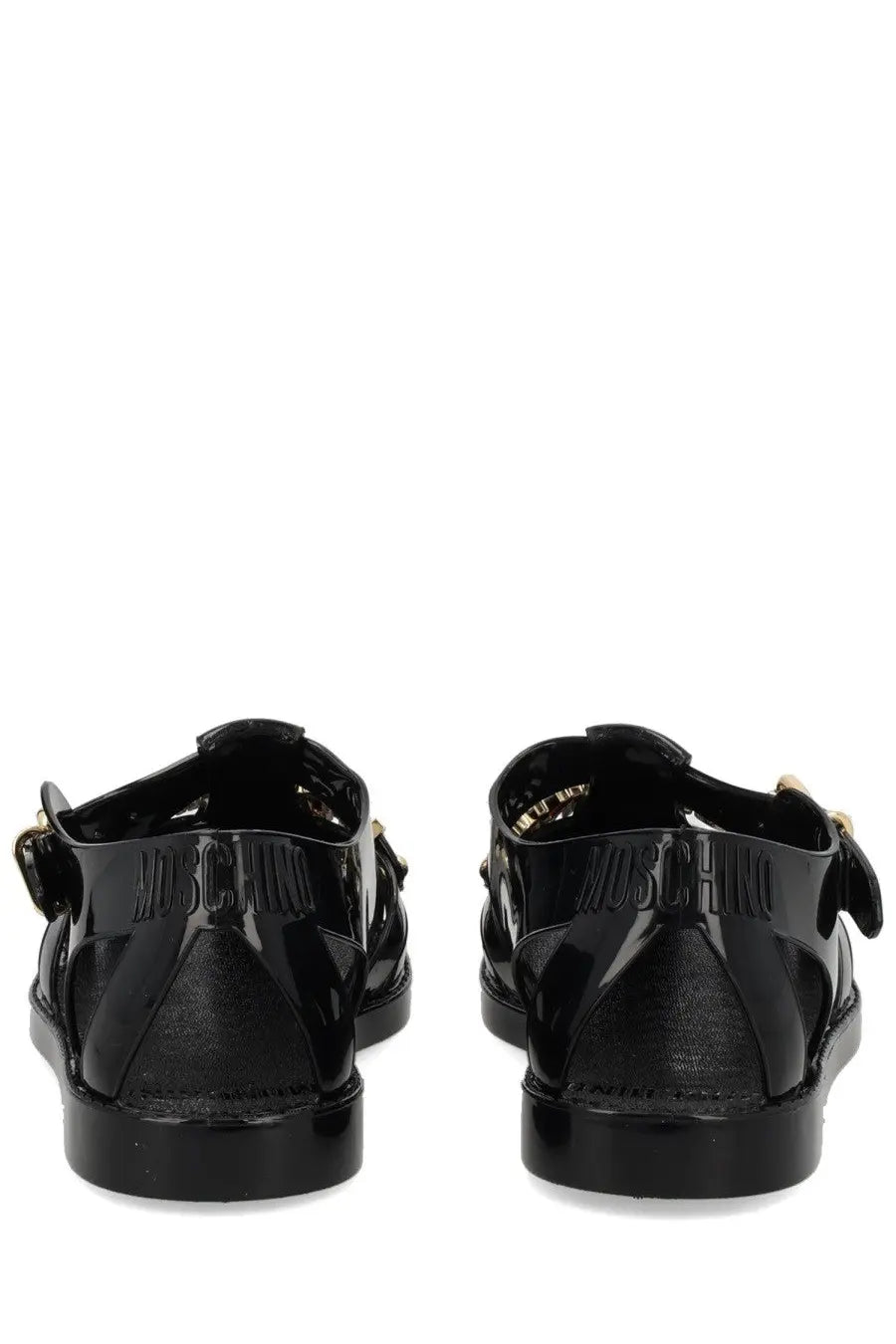 Moschino women’s sandalo jelly black glossy patent leather sandals with gold-tone buckle details
