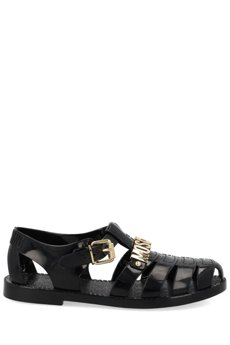 Moschino women’s sandalo jelly black glossy plastic sandals with gold-tone buckle and Moschino branding on strap