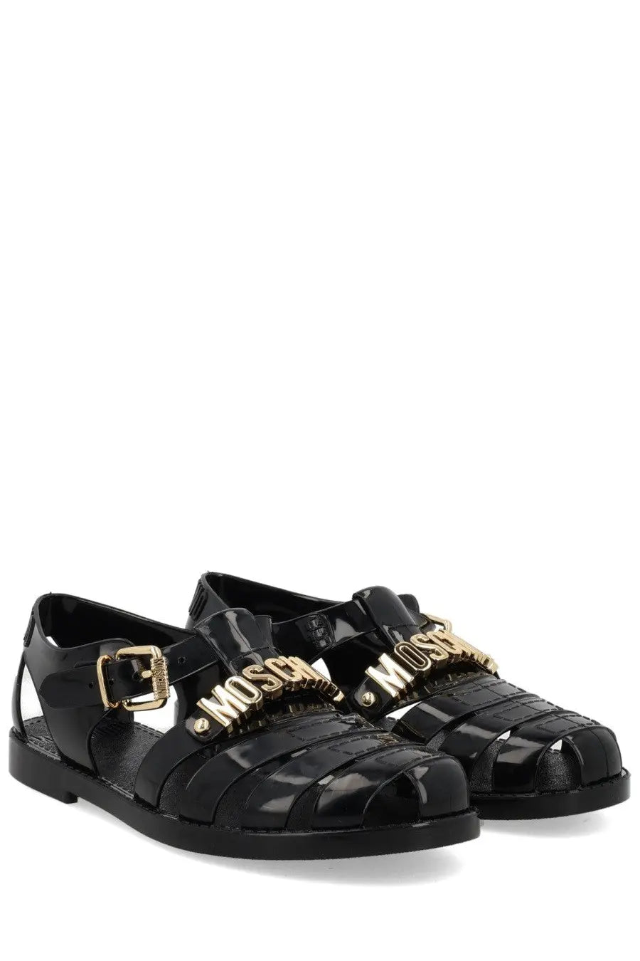 Black glossy rubber sandals with gold-tone moschino lettering and buckle details from moschino women’s sandalo jelly black