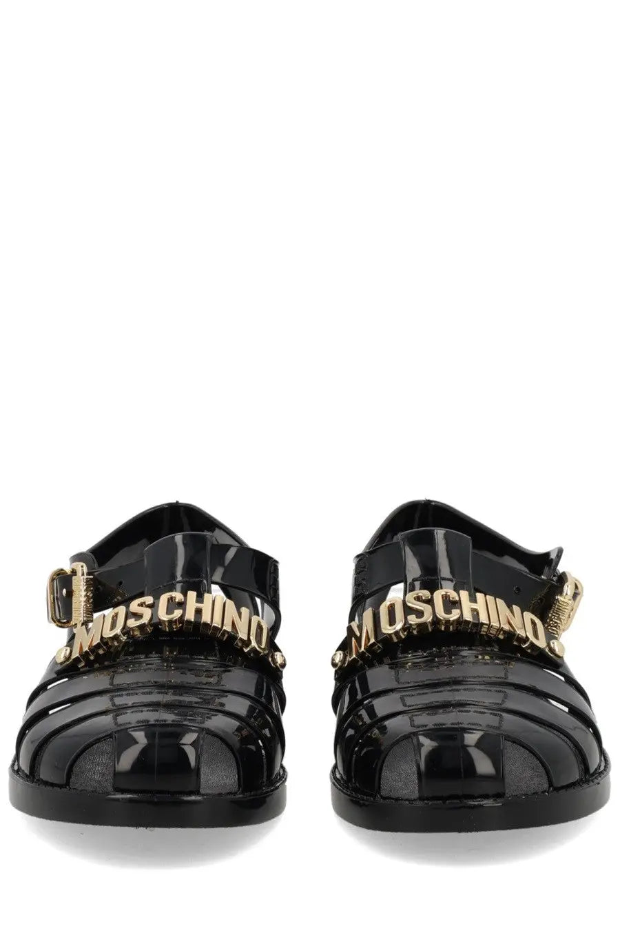 Moschino women’s sandalo jelly black glossy rubber sandals with gold-tone lettering and buckle details