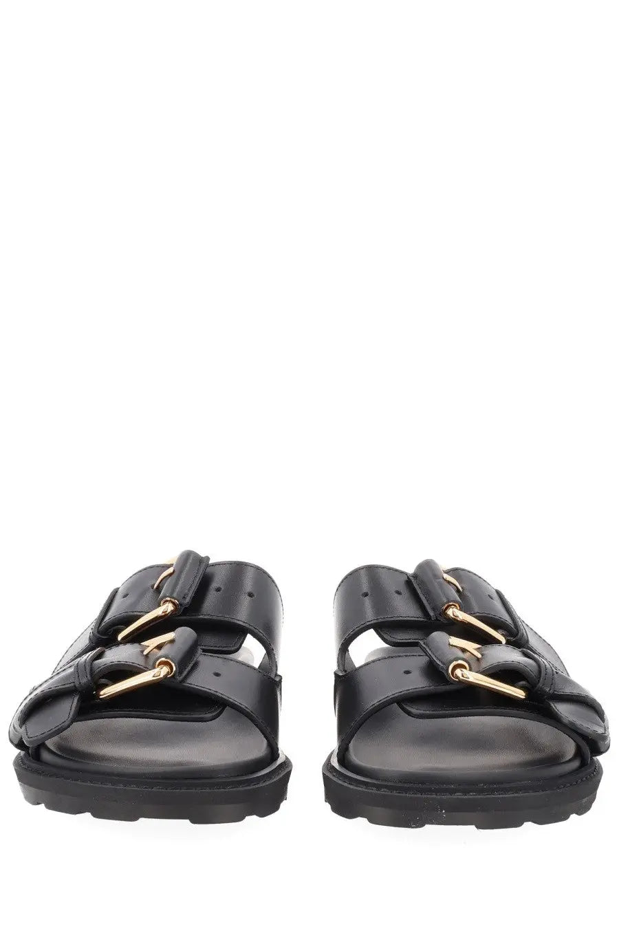 Moschino women’s sandalo tie black leather sandals with dual gold-tone buckle straps and chunky rubber sole
