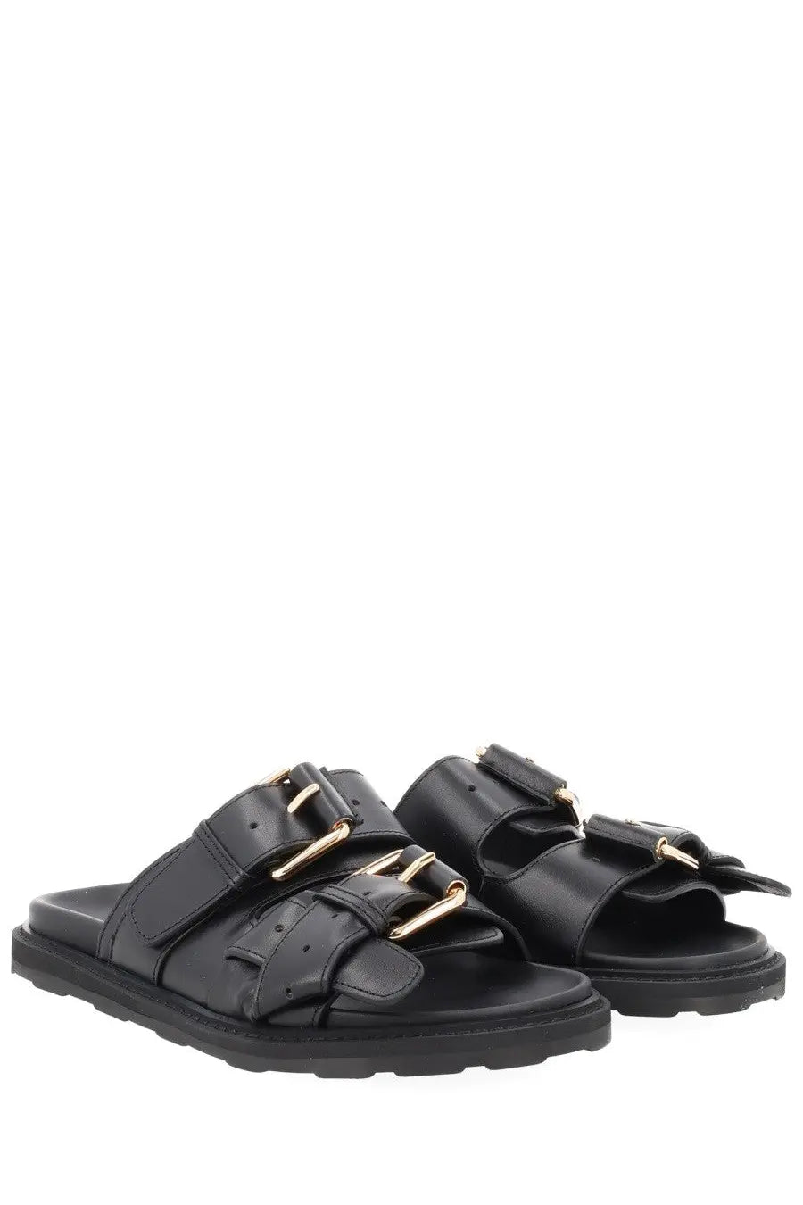 Moschino women’s sandalo tie black leather sandals with gold-tone buckle straps and chunky rubber sole