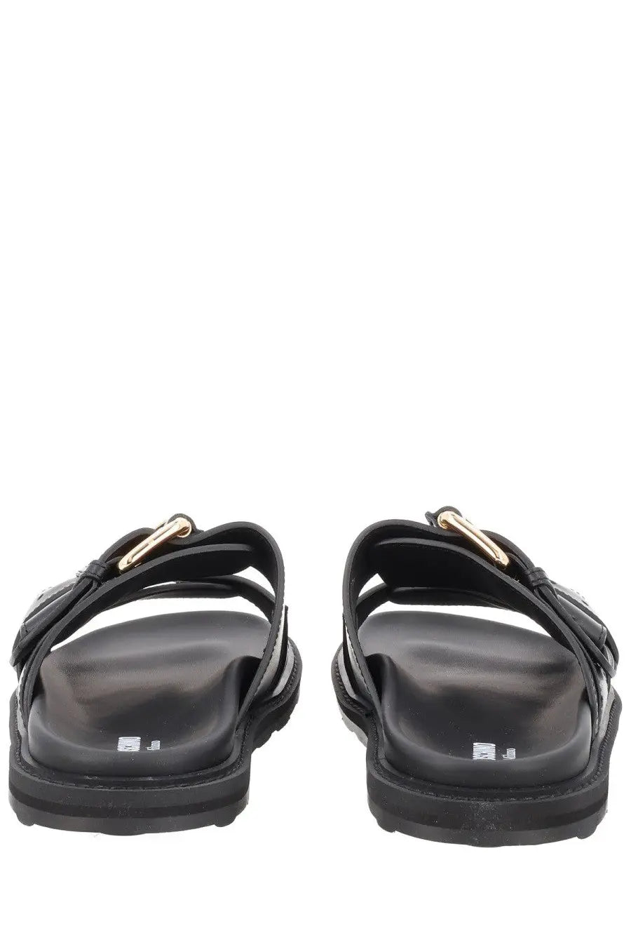 Moschino women’s black leather slide sandals with gold-tone buckle accents for stylish casual wear