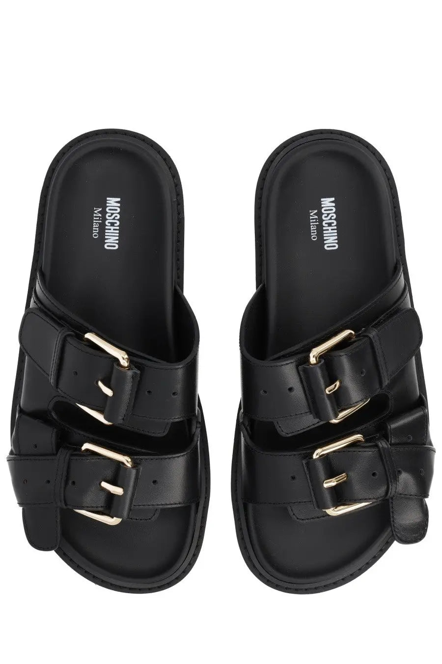 Moschino women’s sandalo tie black sandals with dual gold-tone buckle straps and thick platform sole