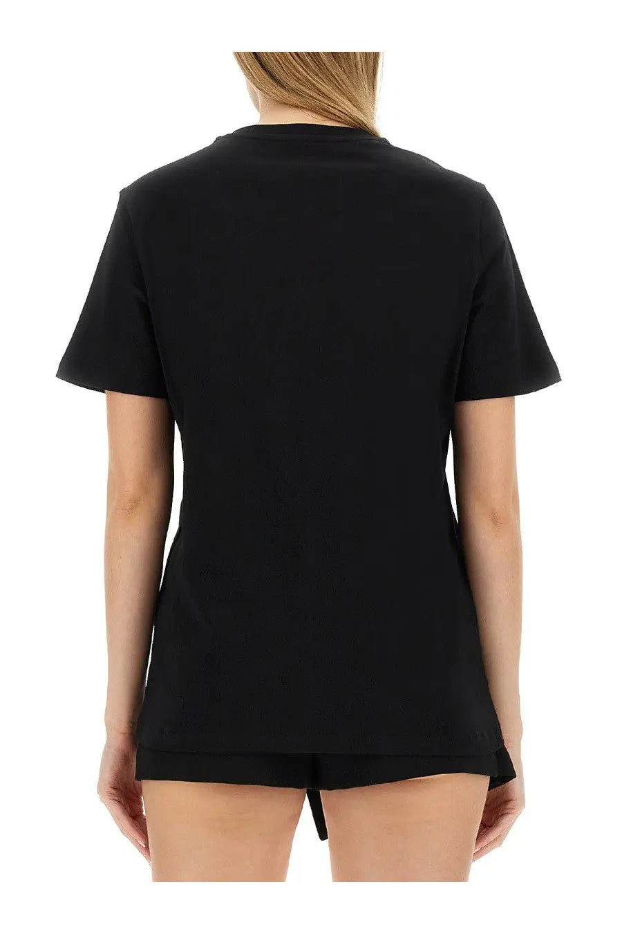 Moschino women’s black short-sleeved shirt with crew neck and relaxed fit, ideal for casual wear