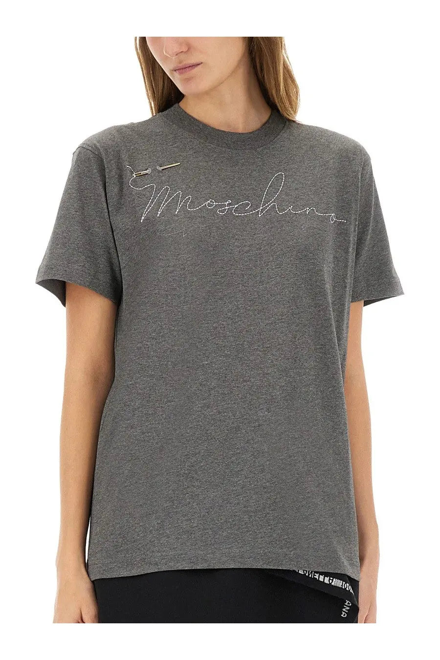 Gray heathered moschino women’s t-shirt with silver embroidered logo on front in soft cotton material