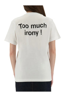 Back of off-white cotton moschino women’s t-shirt with bold black text reading too much irony