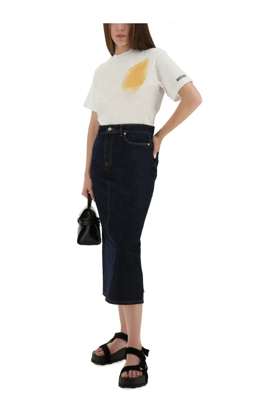 Moschino women’s white t-shirt with yellow stain design and branded sleeve detail for casual wear