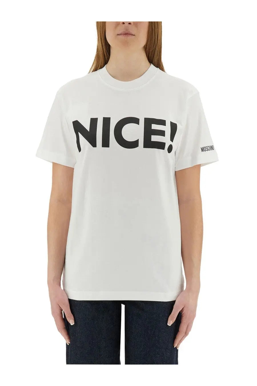 Moschino women’s white cotton t-shirt with bold black nice lettering on chest and small logo on sleeve