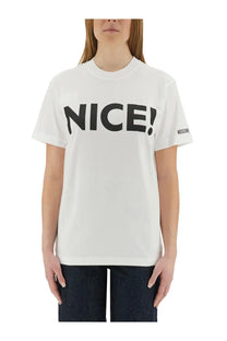 Moschino women’s white cotton t-shirt with bold black nice lettering on chest and small logo on sleeve