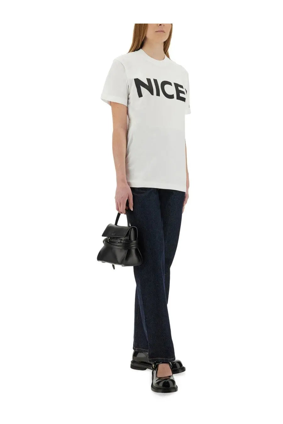Moschino women’s white cotton t-shirt with bold black nice lettering across the chest for casual wear